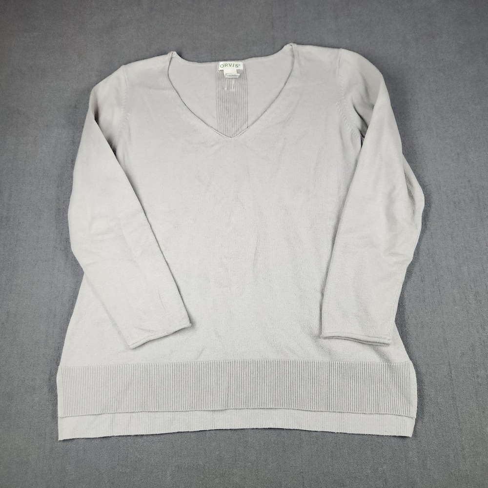 Orvis Sweater Womens Size Large V Neck Cotton Cashmere Ribbed Tan Pullover‎